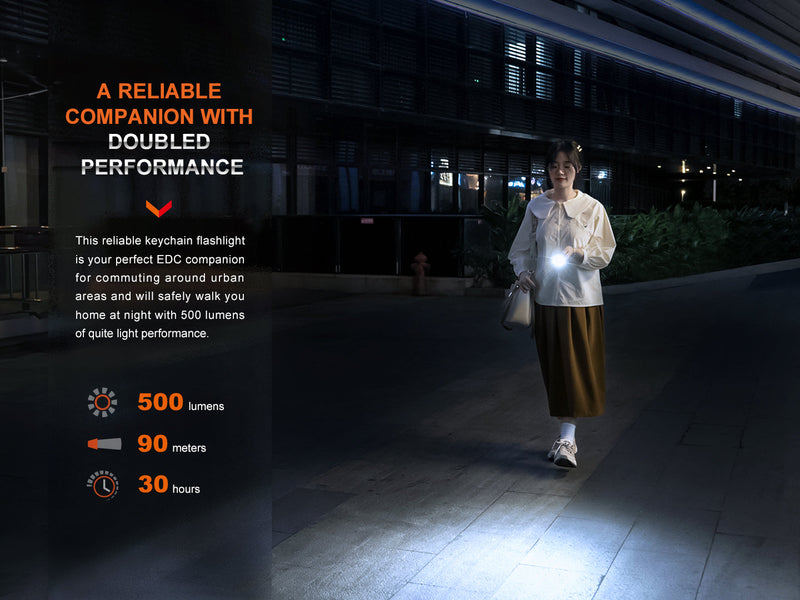 Laden Sie das Bild in Galerie -Viewer, Fenix E03R V2.0 Schlüsselanhänger-Taschenlampe aus Metall, 500 Lumen