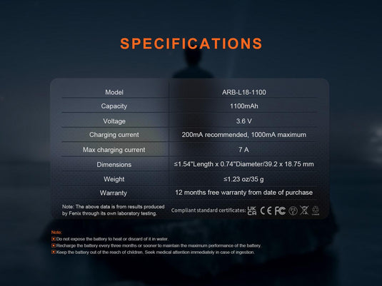 Fenix ARB-L18-1100 - Wiederaufladbarer 18350 Li-Ion-Akku (1100 mAh)
