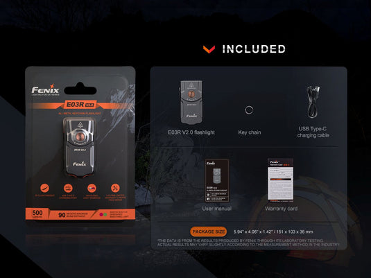 Fenix E03R V2.0 Schlüsselanhänger-Taschenlampe aus Metall, 500 Lumen