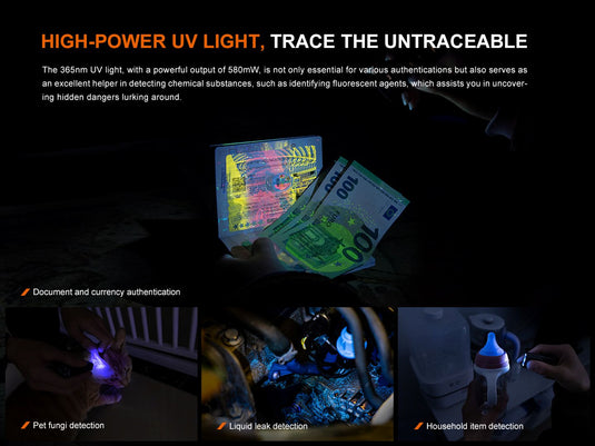 Fenix E06R vereint Weißlicht, UV-Licht und Laserpointer, 700 Lumen