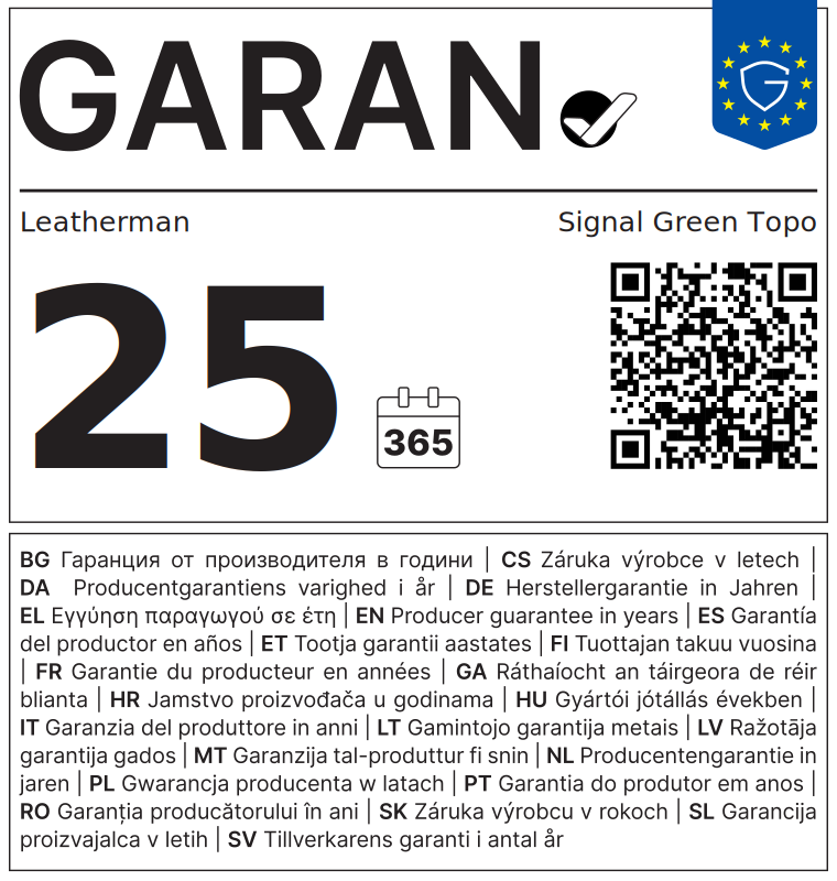 EU-GARAN-Label: Leatherman Signal Green Topo, 25 Jahre Herstellergarantie