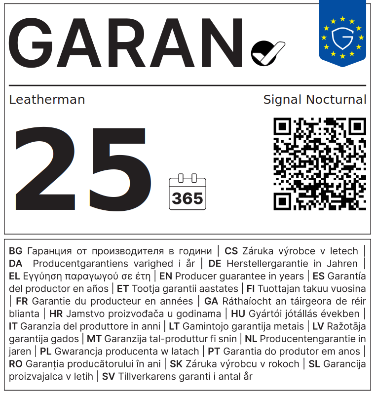EU-GARAN-Label: Leatherman Signal Nocturnal, 25 Jahre Herstellergarantie